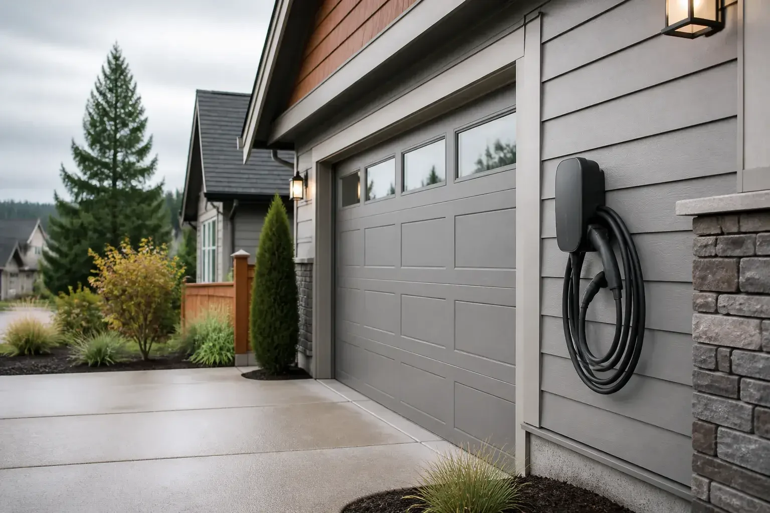 Completed EV charger mounted beside a suburban garage