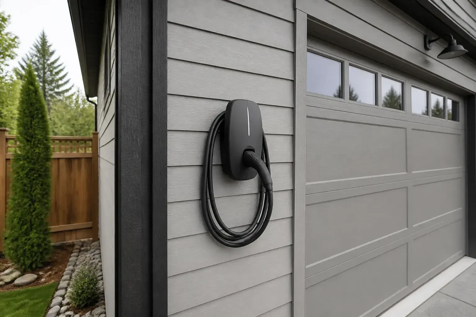 Wall-mounted EV charger beside a home garage