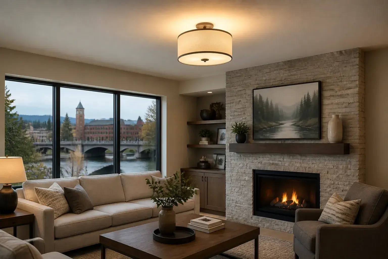 Finished ceiling light illuminating a living room