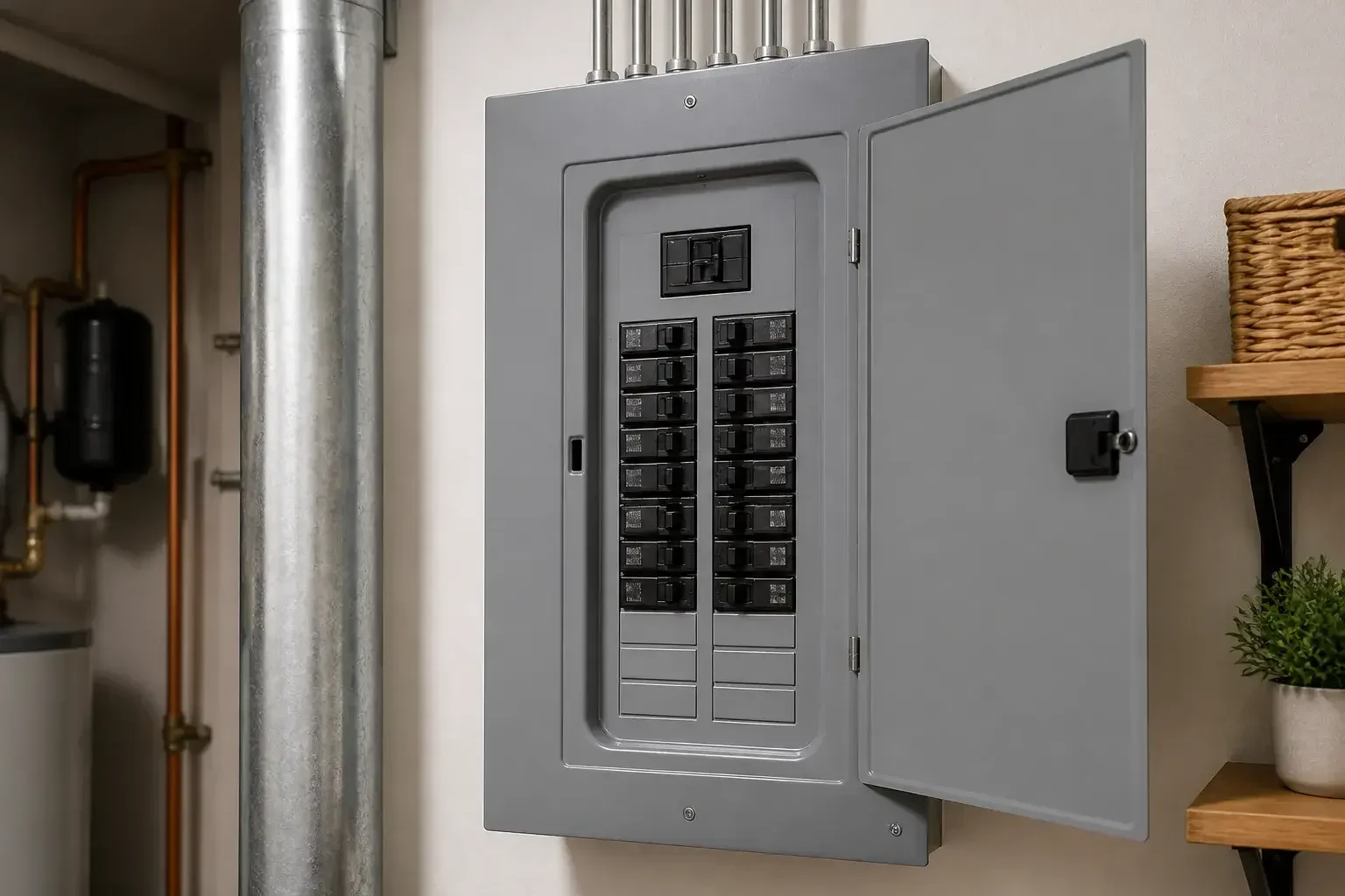 Modern upgraded electrical panel in a clean utility room