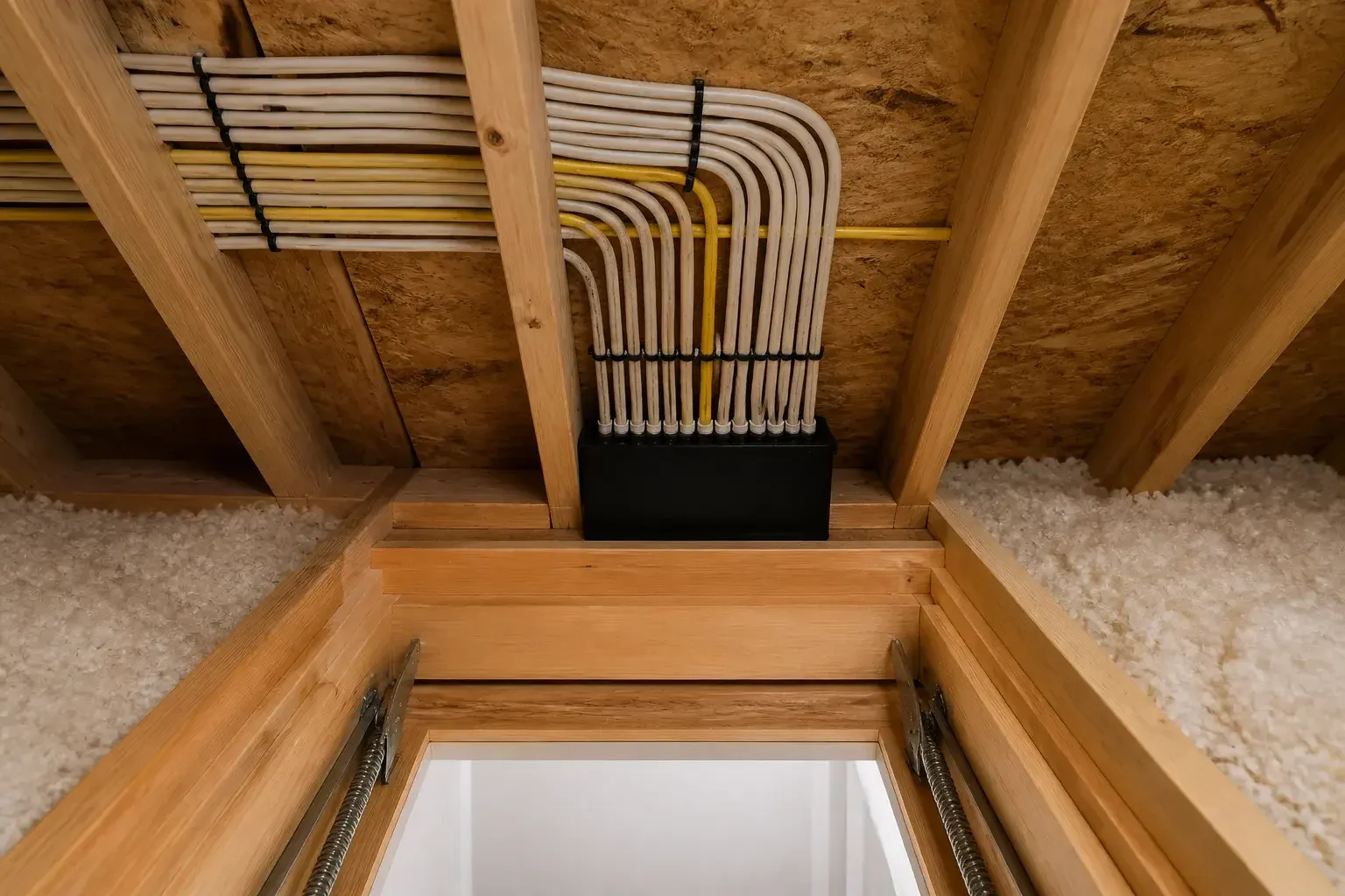 Neatly organized wiring in an attic access area