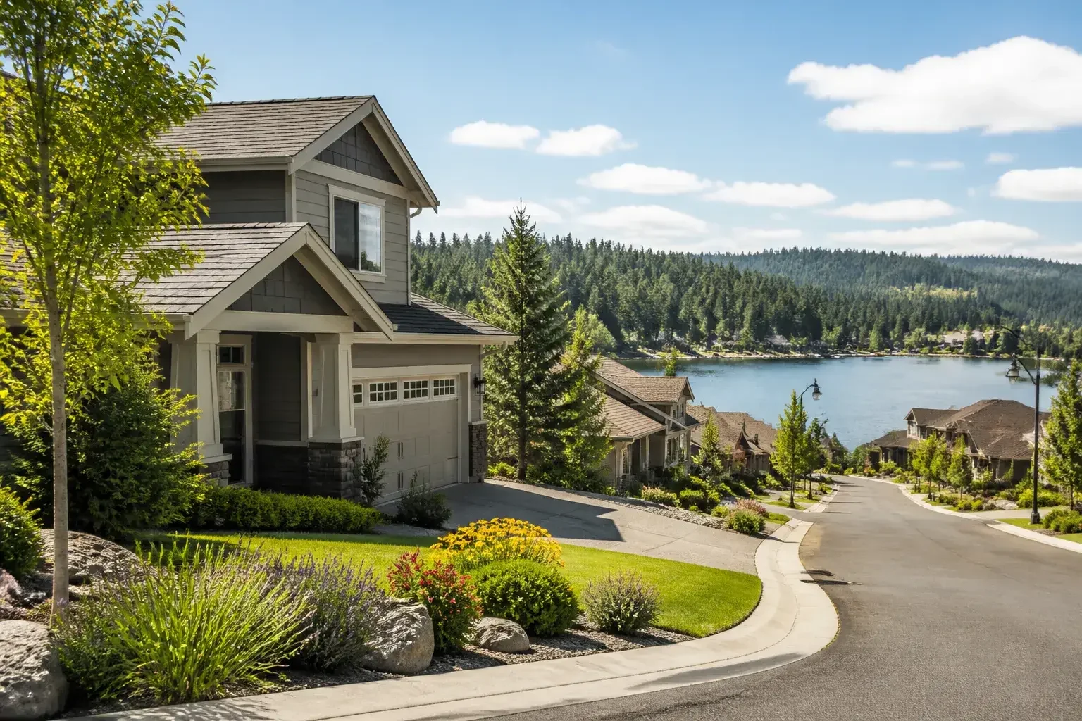 Liberty Lake neighborhood with tidy homes and greenery