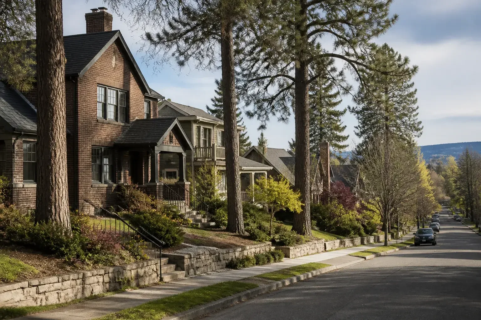 Tree-lined Spokane neighborhood with Craftsman-style homes