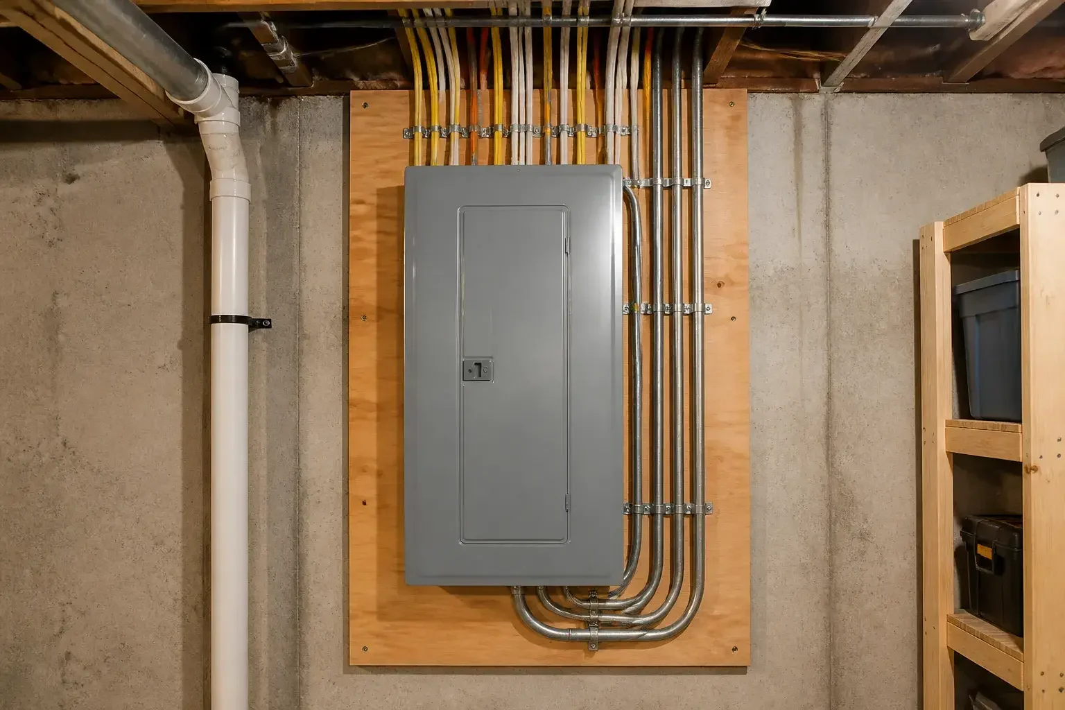Finished electrical panel in a tidy basement utility room